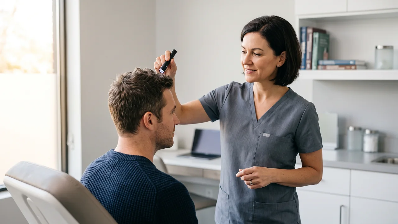 A trichologist assessing a patient's hair during a detailed consultation to determine treatment needs and factors influencing cost.