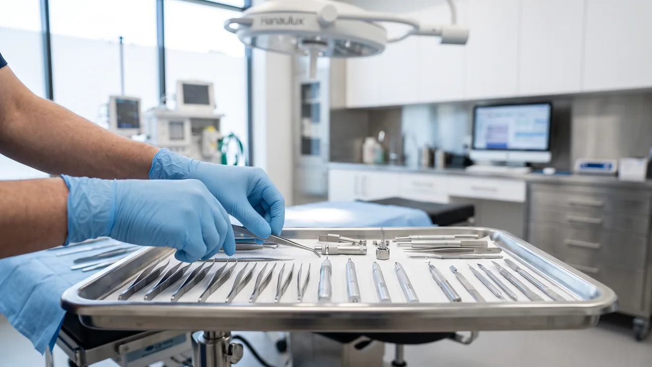 Gloved hands meticulously preparing sterile, high-precision tools in a modern hair transplant clinic, highlighting quality and safety standards.