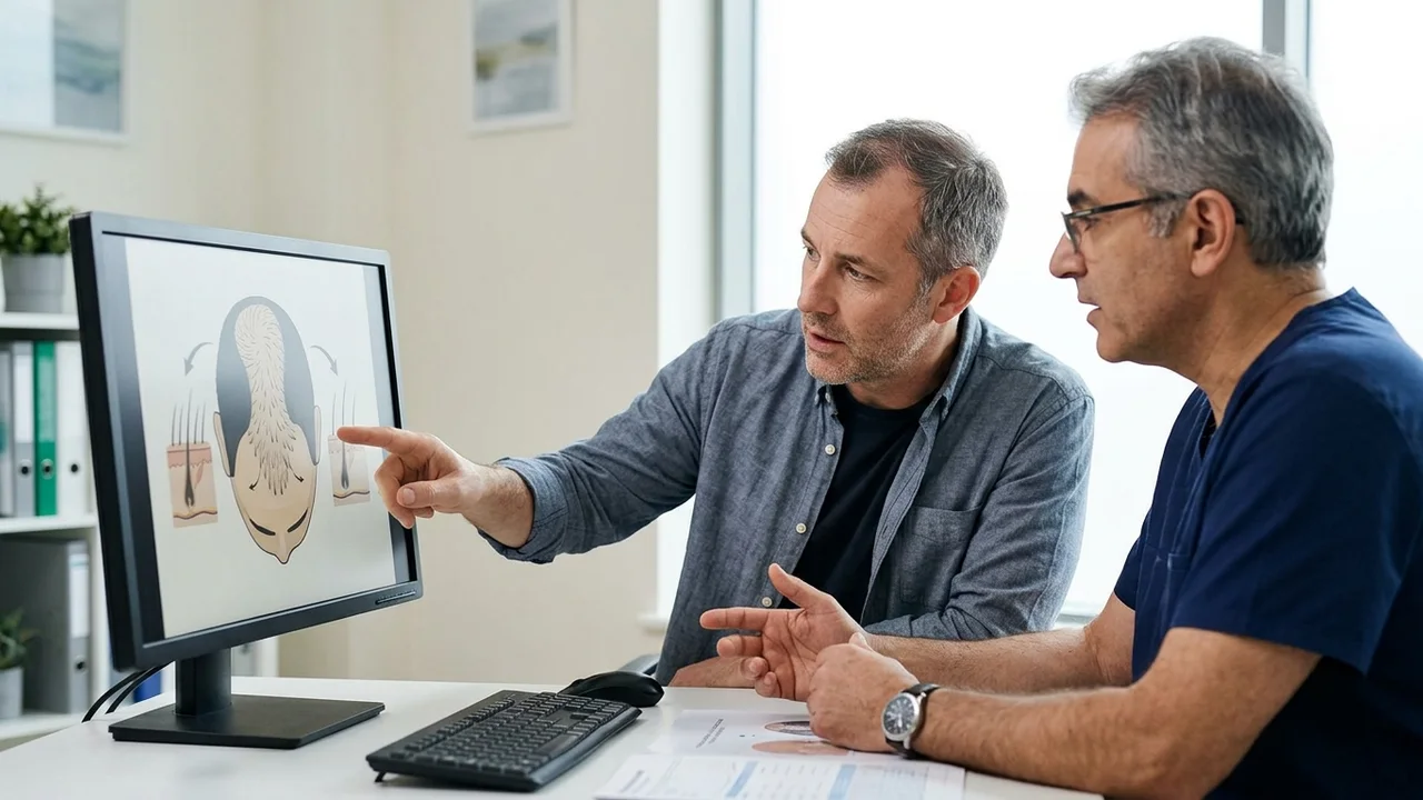 Patient discussing hair density with a surgeon.