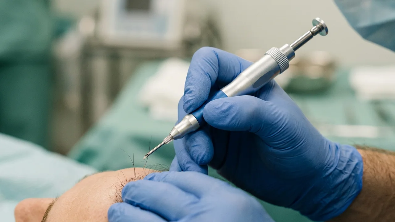 Precision DHI implanter pen used in hair transplant surgery.