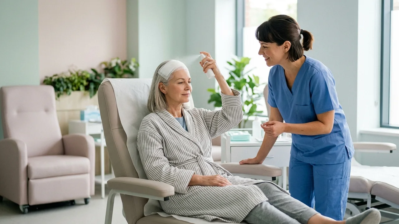 Patient receiving aftercare instructions and applying post-operative spray.