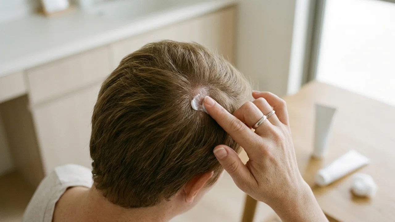 Person applying healing cream to scalp after hair transplant