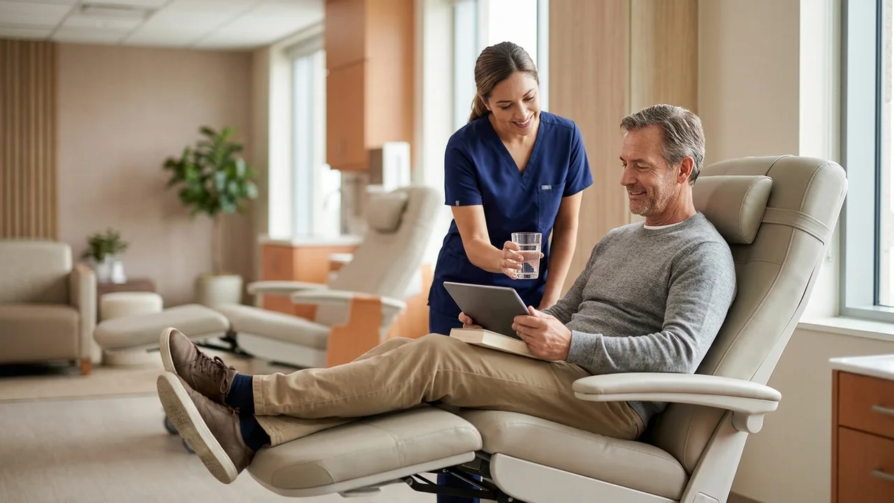 Patient se relaxant pendant une pause de greffe de cheveux, une infirmière lui offrant de l'eau.
