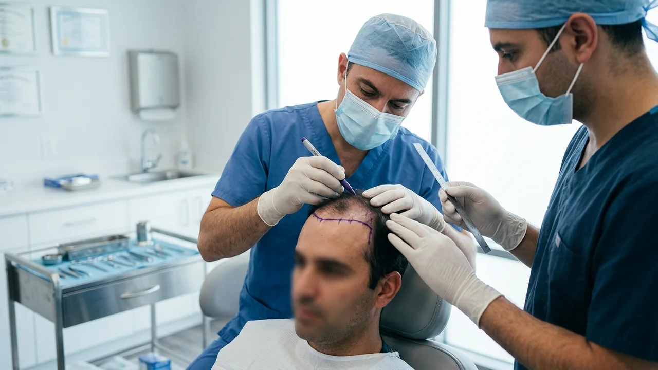 Équipe médicale planifiant méticuleusement la ligne frontale d'un patient avant une greffe de cheveux.