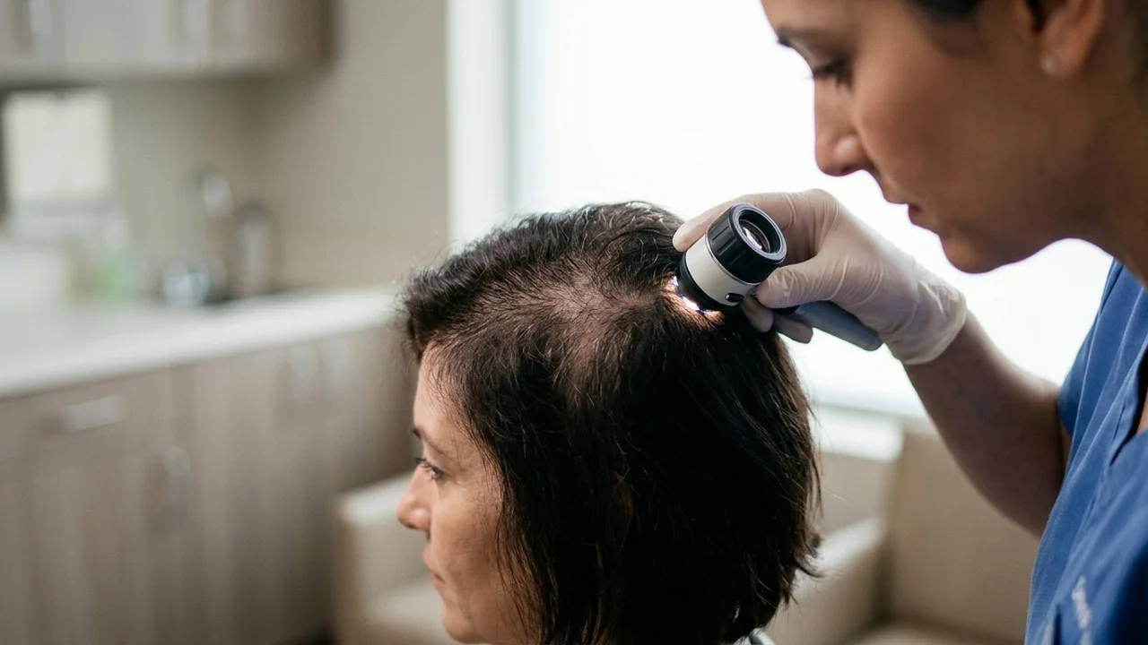 Hair specialist examining a patient's thinning scalp with a dermatoscope.