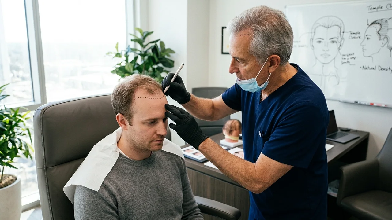 Surgeon designing a natural hairline for a patient before a hair transplant.