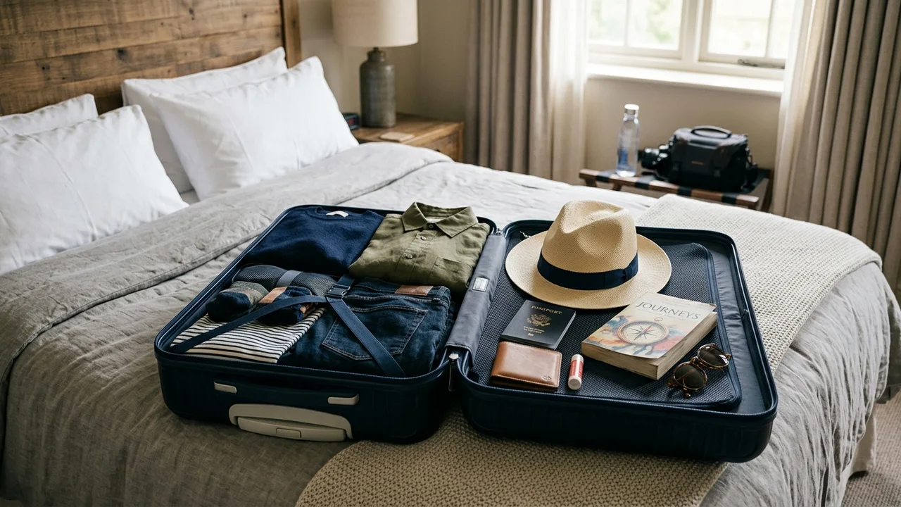 A suitcase packed with travel essentials for a hair transplant trip, including comfortable clothing and important documents.