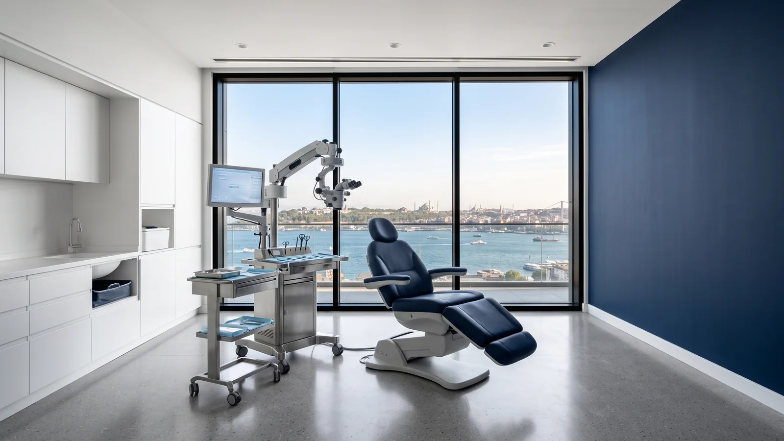 Modern hair transplant clinic in Istanbul with a Bosphorus view, representing Turkey hair transplant costs and trends in 2026