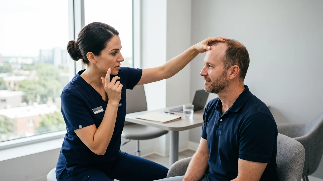 A female specialist examining a male patient's natural hairline and facial features during a consultation.