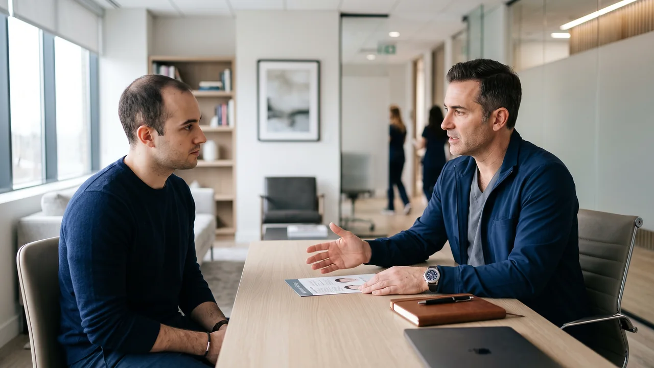 A male patient and male surgeon discussing hairline design options during a consultation.