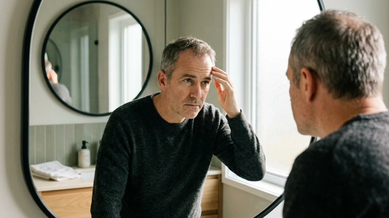 Man examining his hairline in a mirror, contemplating hair loss.