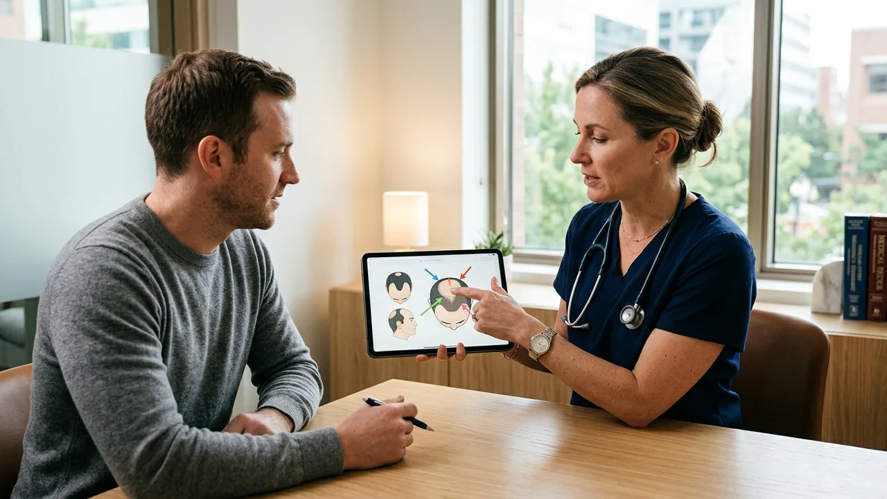 Hair transplant consultant explaining treatment areas on a tablet.