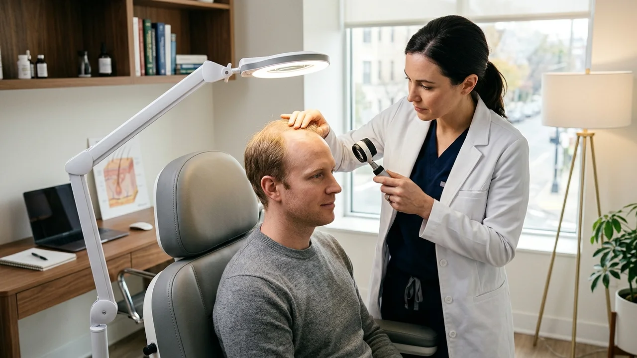 Hair transplant specialist evaluating hair color and contrast