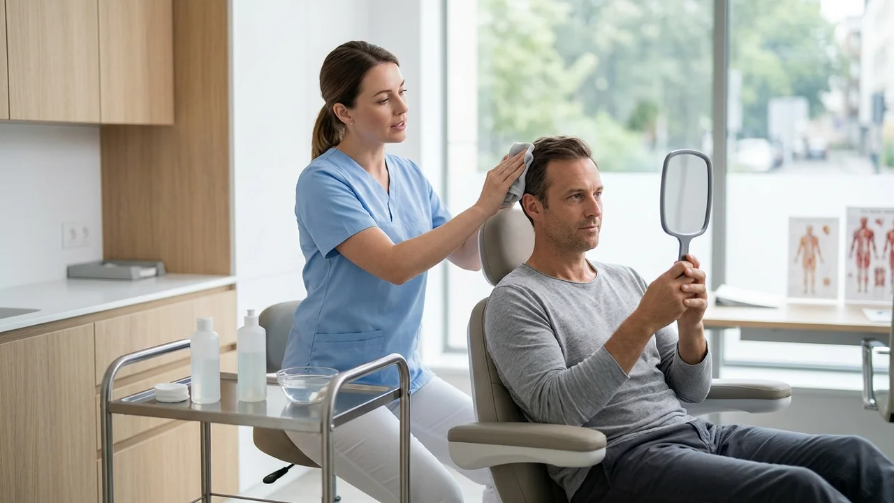 Nurse providing detailed aftercare instructions to a hair transplant patient in a clinic.