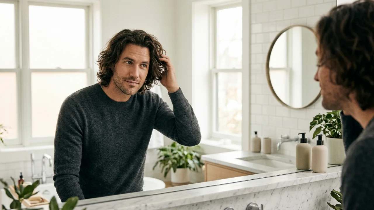 A person styling their naturally grown hair after a successful transplant.
