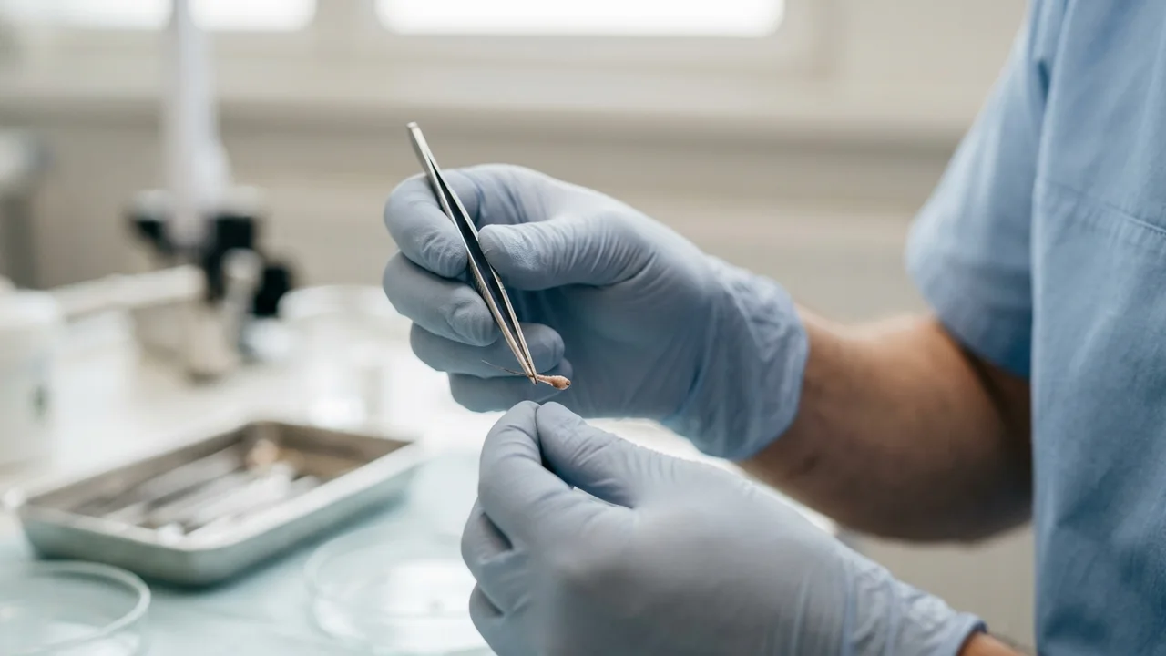 Close-up of a healthcare professional handling a hair follicle with tweezers, illustrating surgical precision.