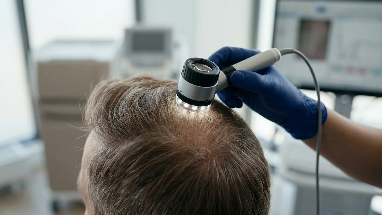 Detailed scalp mapping during a hair transplant consultation.