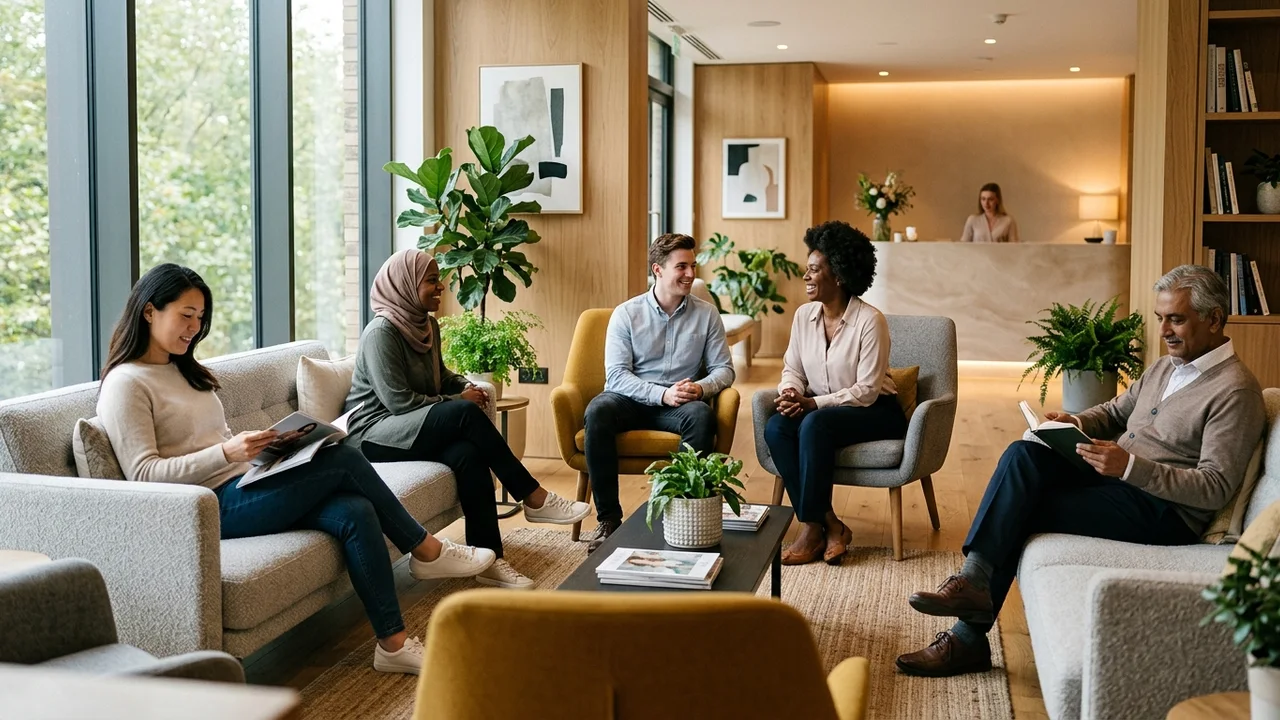 Patients waiting in a modern hair transplant clinic.