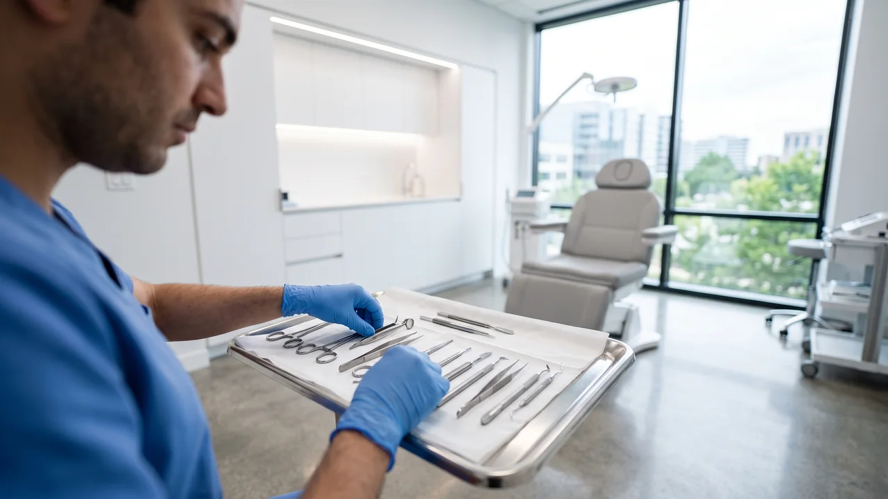 A medical professional in a modern, sterile treatment room meticulously arranging advanced hair transplant tools on a tray.