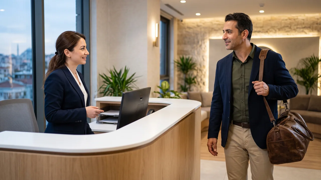 A male international patient with luggage being warmly greeted by a professional receptionist at the elegant, modern reception desk of a hair transplant clinic in Istanbul.