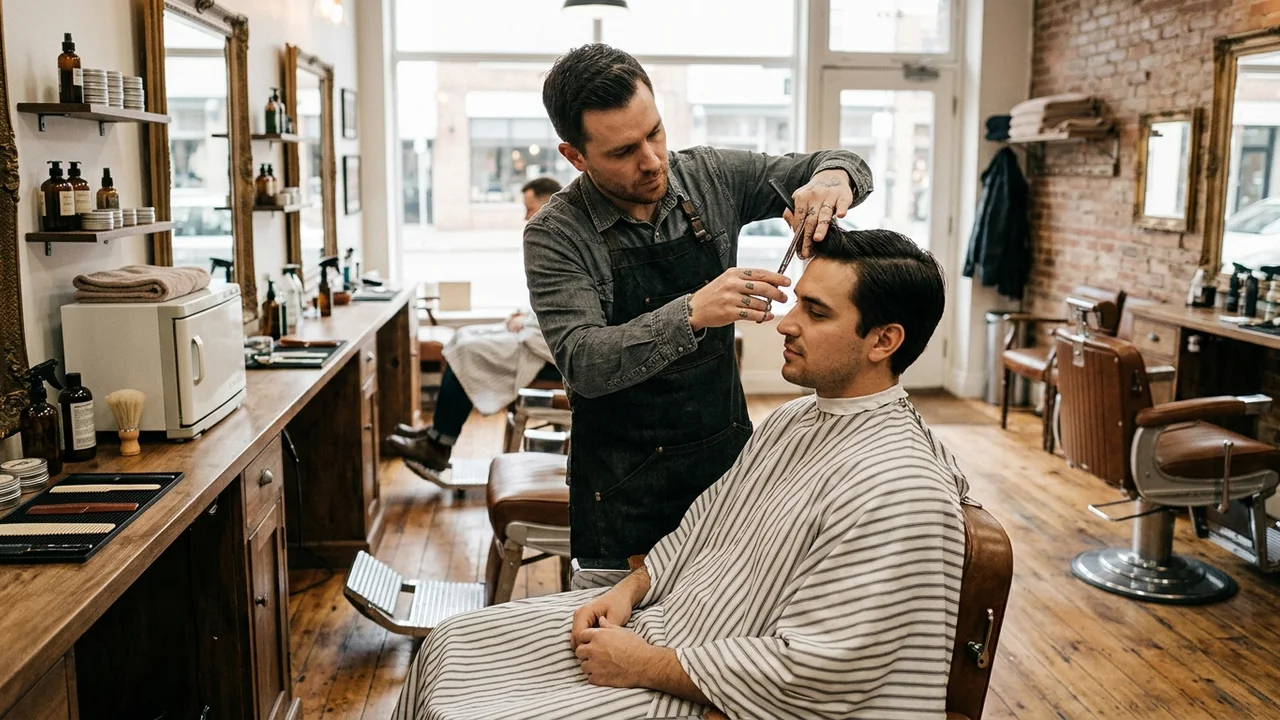 Barber styling a client's hair after a transplant.
