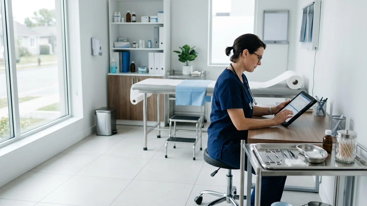 Doctor reviewing patient notes in a clean, sterile examination room