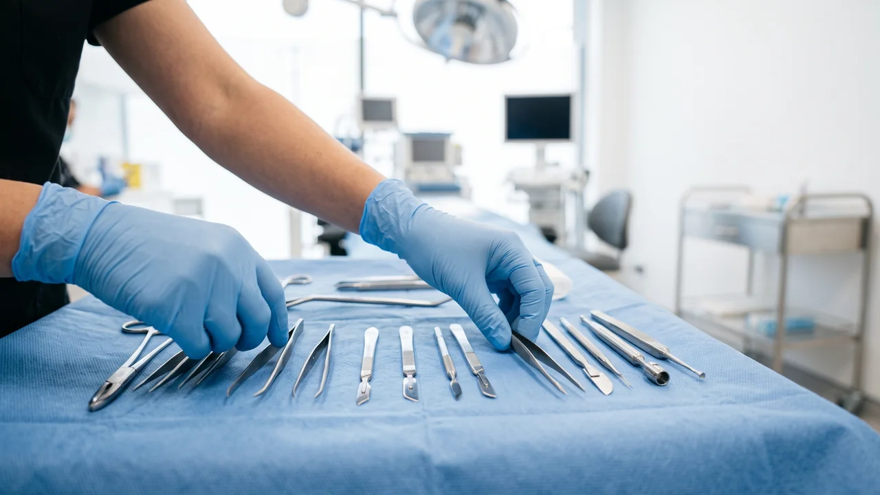 Gloved hands carefully preparing advanced hair transplant tools in a modern clinic.