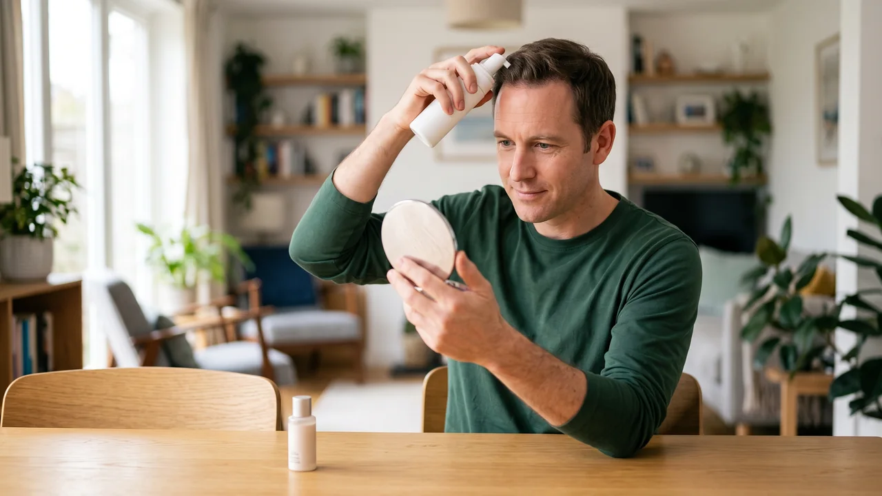 A man calmly performing a post-procedure hair care routine at home.