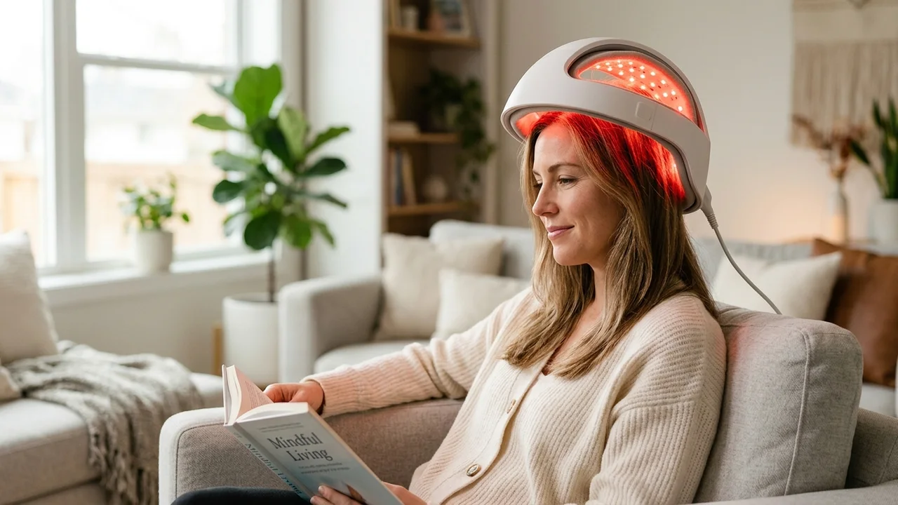 Person using an LLLT helmet device at home for hair growth.