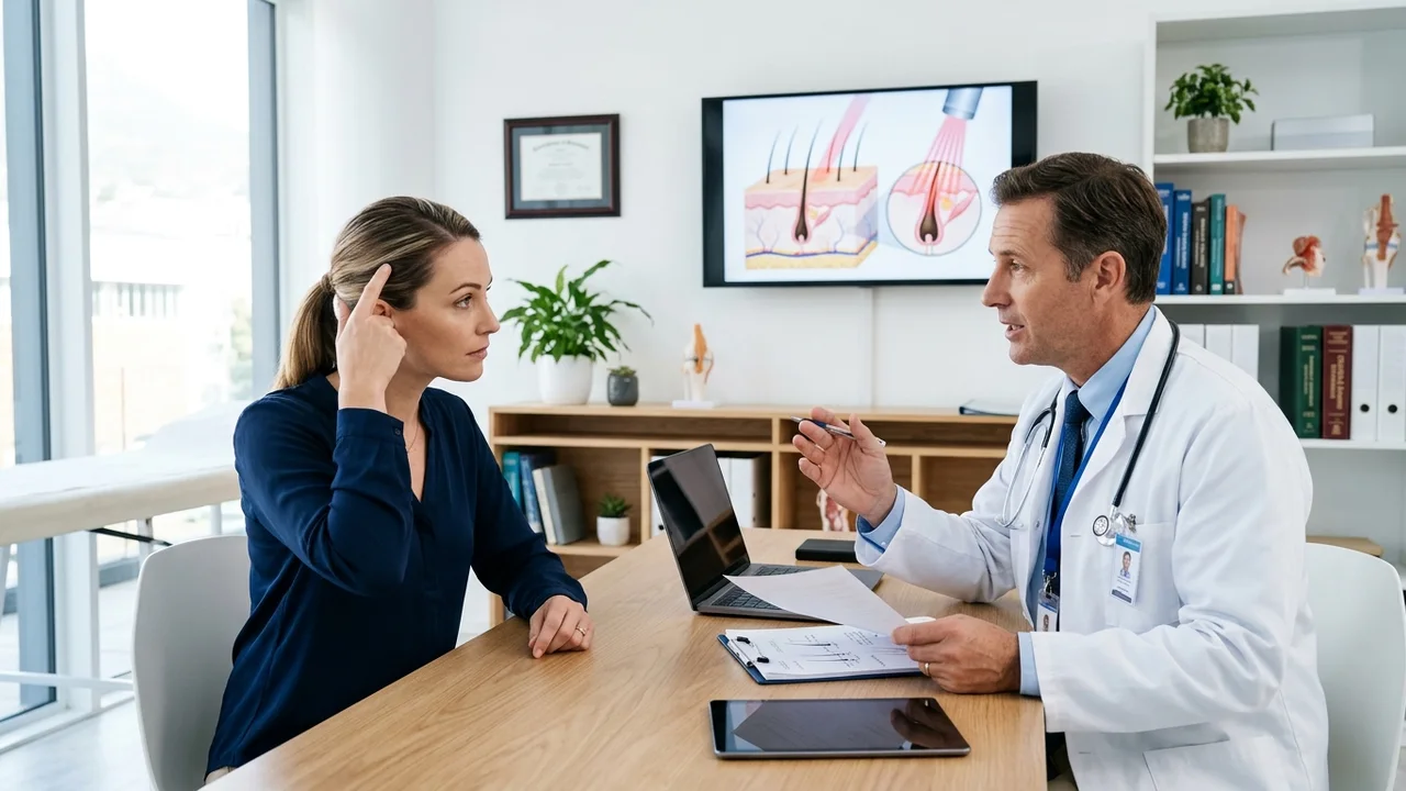 Doctor explaining LLLT benefits to a patient during a consultation.