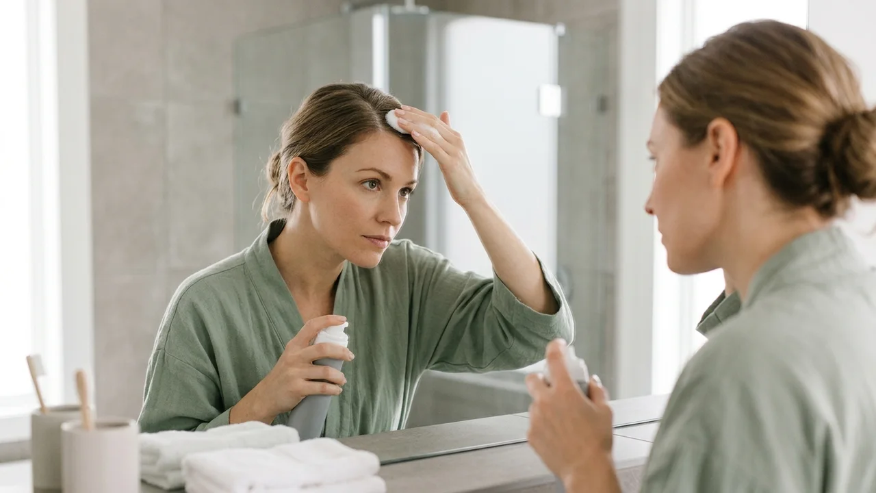 Person applying topical Minoxidil to their scalp