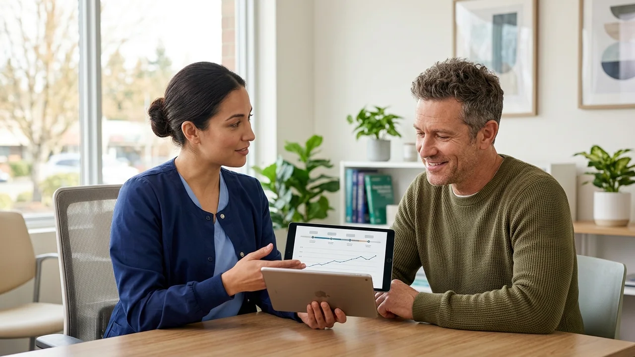 Patient reviewing hair growth progress with doctor on a tablet