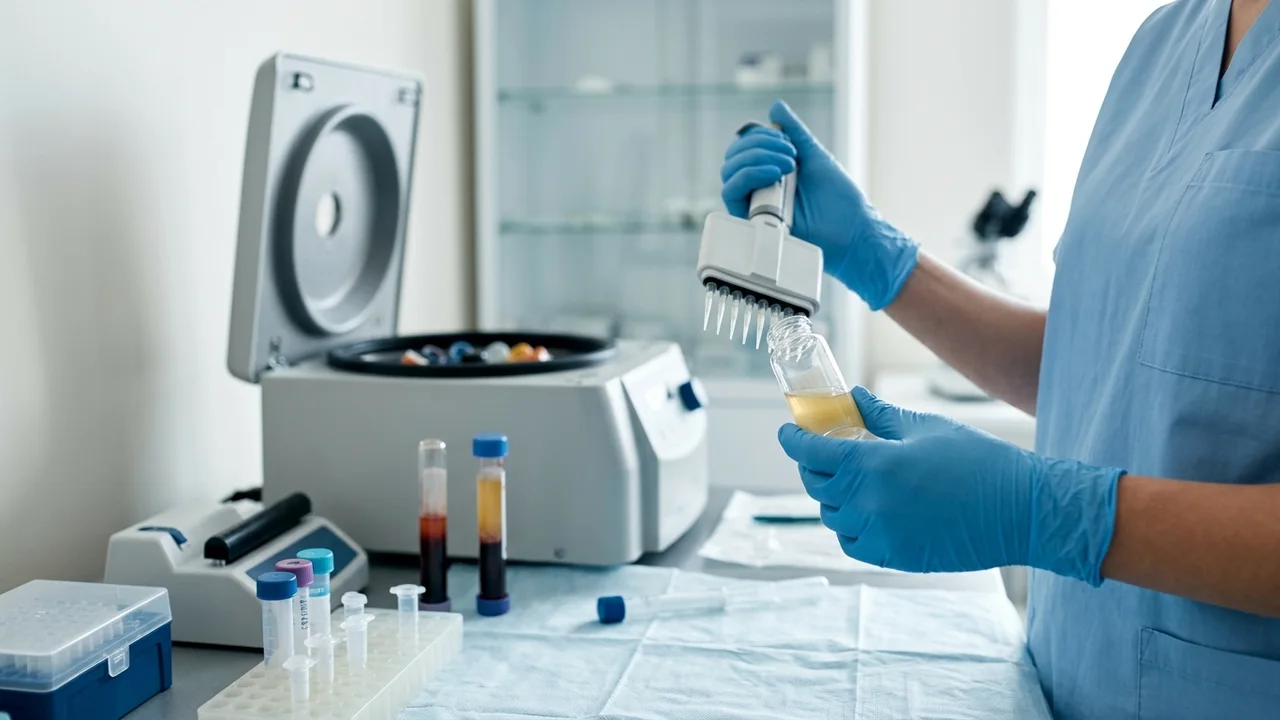 A medical professional preparing a PRP injection, with a centrifuge in the background.