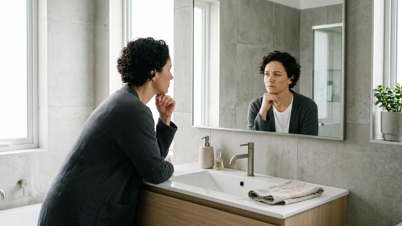 Person examining their hair in a mirror, reflecting on changes