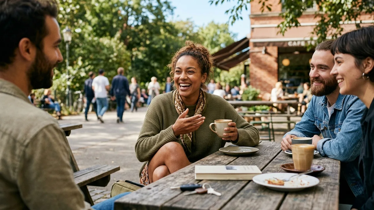 Confident person smiling and interacting in a social setting