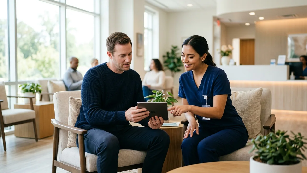 Patient reviewing information with a medical assistant