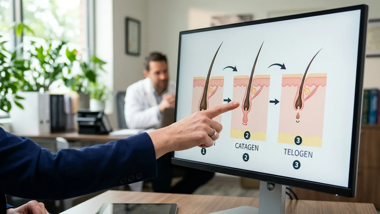 Hand pointing to a hair growth diagram during explanation