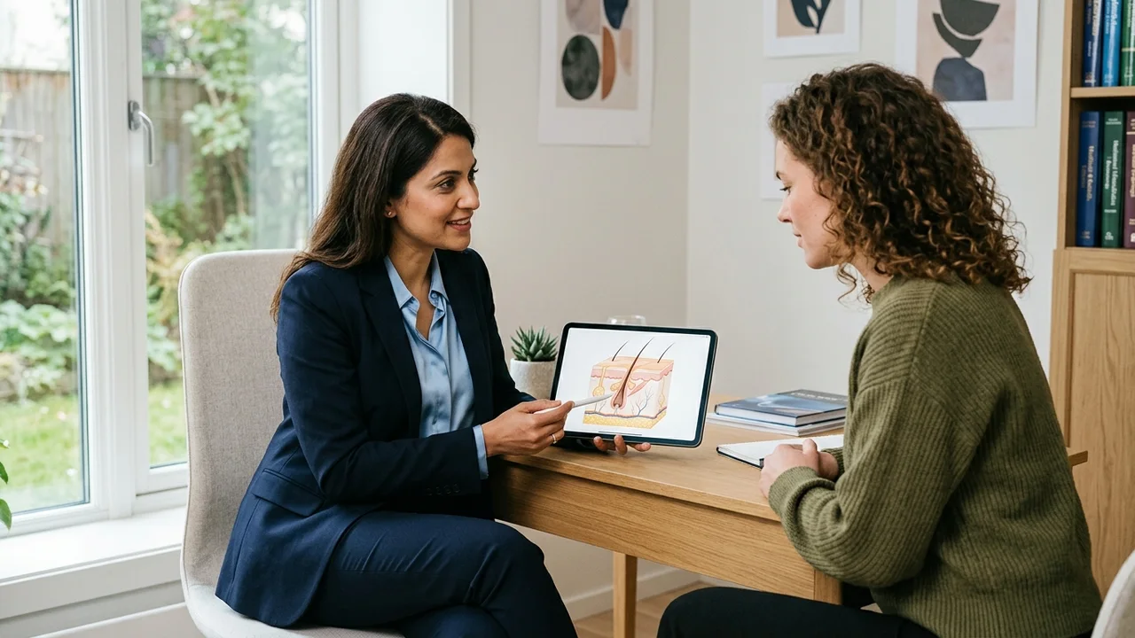 Dermatologist explaining hair cycle to patient.