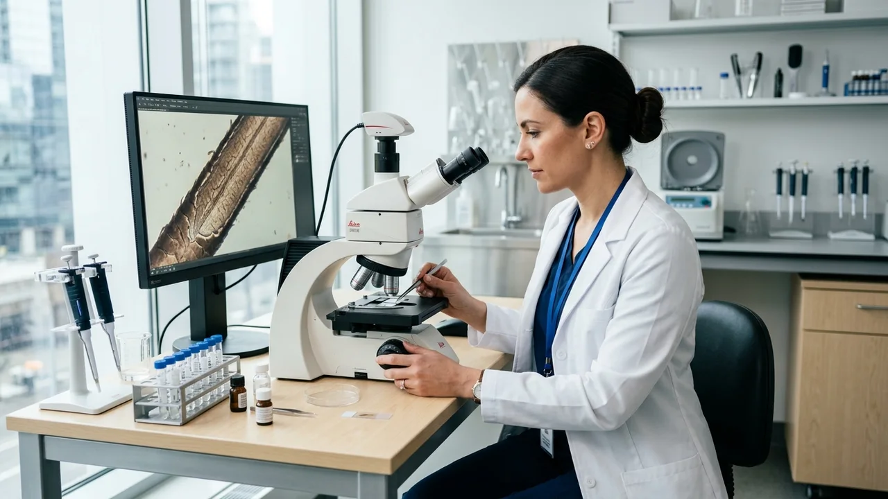 Trichologist analysing hair sample under microscope.
