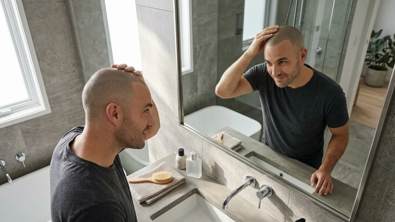 Man examining his scalp micropigmentation in a mirror.