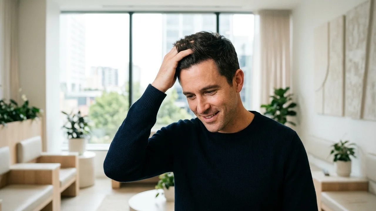 Man with natural-looking hair growth after a hair transplant.