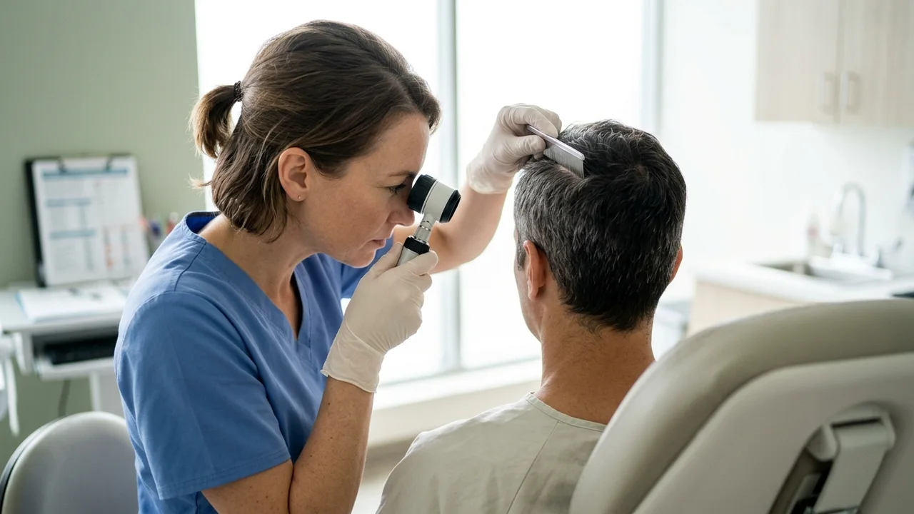 A hair transplant specialist examining a patient's donor area with a magnifying tool.