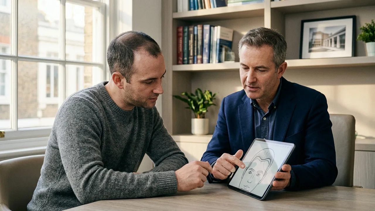 A patient and surgeon reviewing hairline design on a tablet during a second hair transplant consultation.