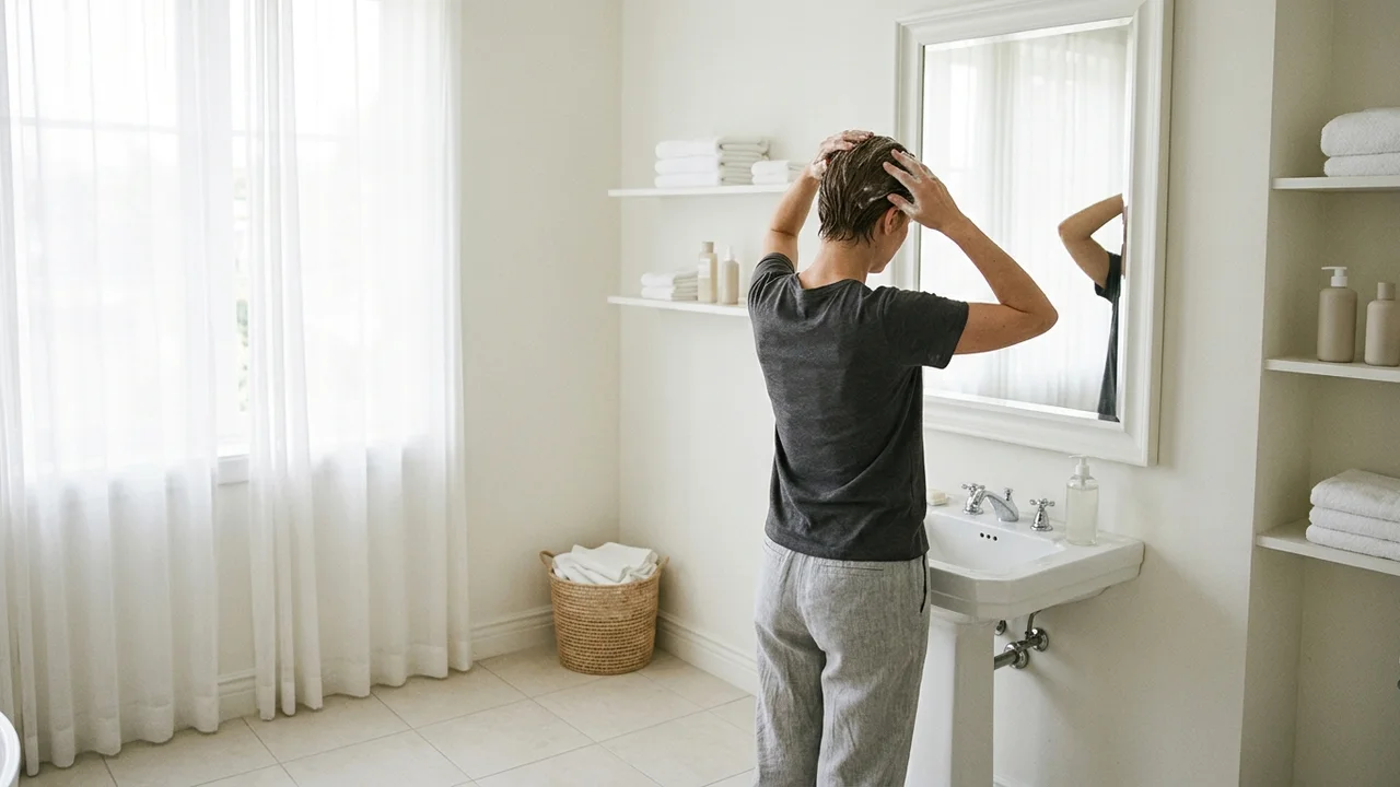 Person gently washing hair after a hair transplant, following aftercare.