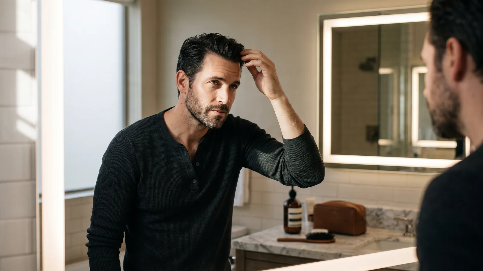 Man examining his hairline in a mirror while considering a hair transplant in 2026
