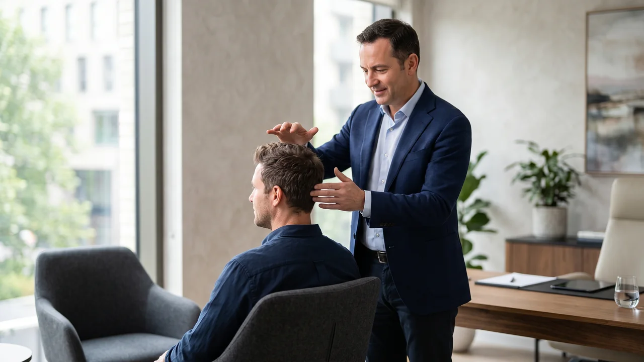 A hair transplant specialist gently assesses a patient's hair from behind during a consultation, examining hair stability and donor area.