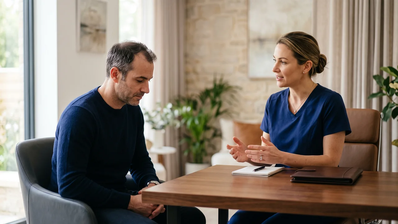 A female hair transplant specialist calmly advises a thoughtful male patient about timing and expectations in a modern consultation room.