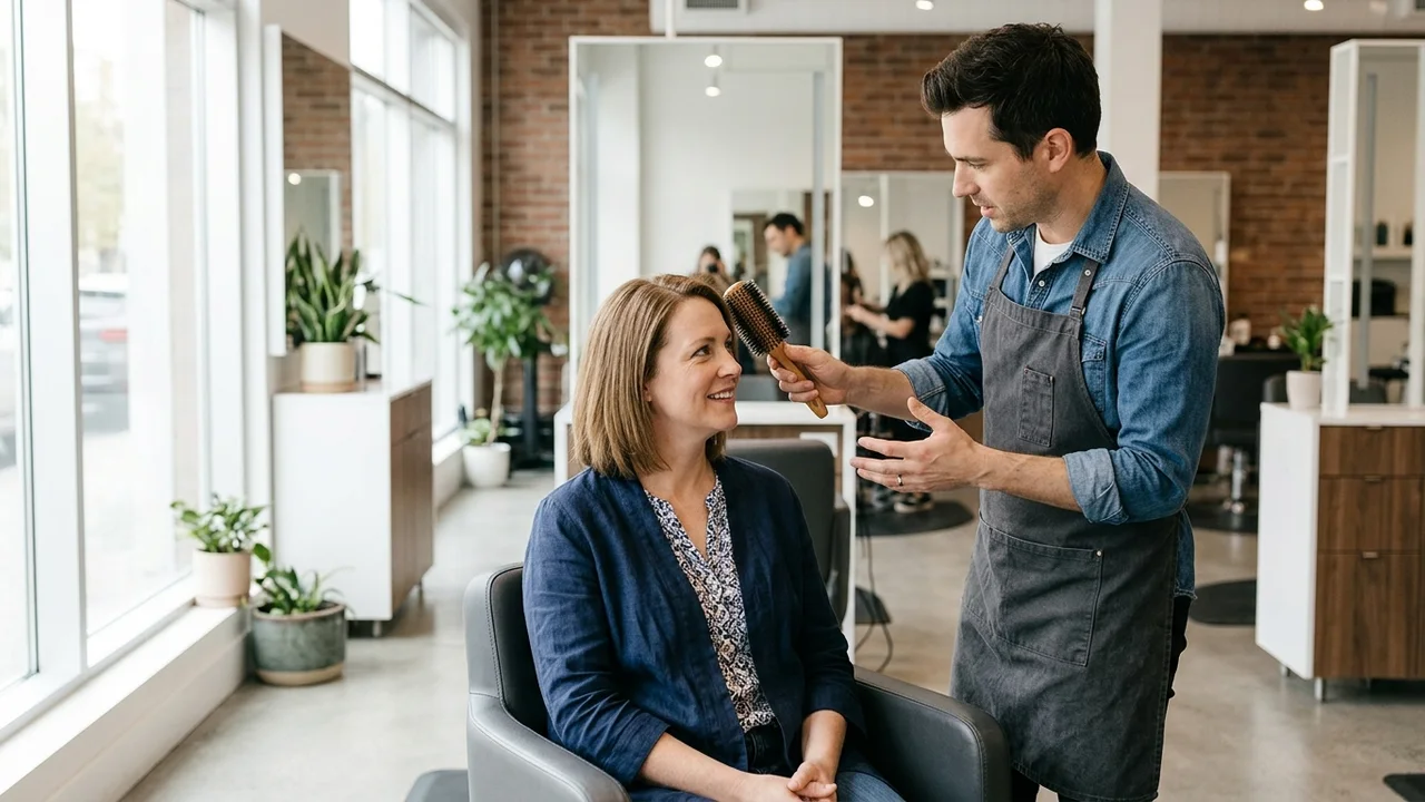 A patient consulting with a stylist about post-transplant hair care.