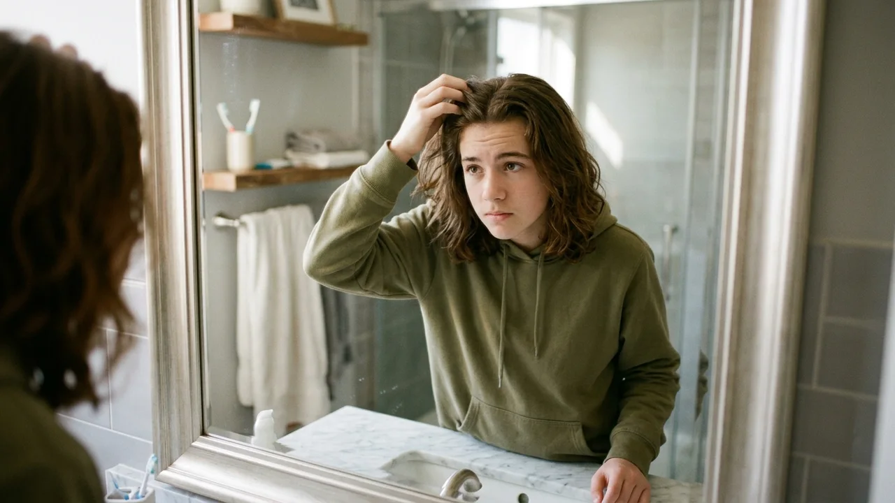 Teenager looking at their hair in a mirror