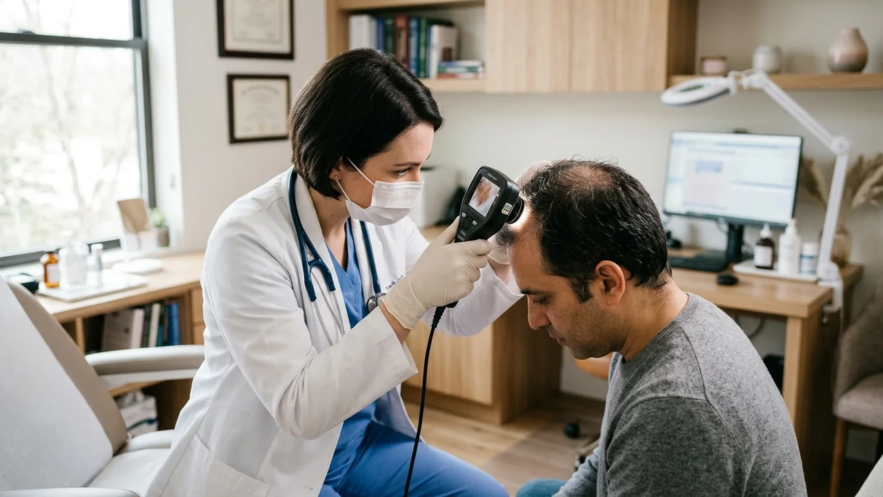 Doctor examining a scalp with a dermatoscope